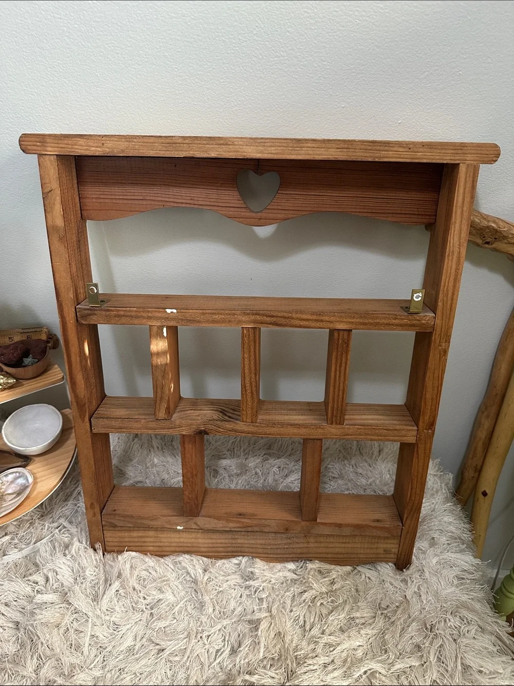 Vintage Pine Wood Shadow Box Display Shelf Heart Curio With 4 Hooks Wall Hanging